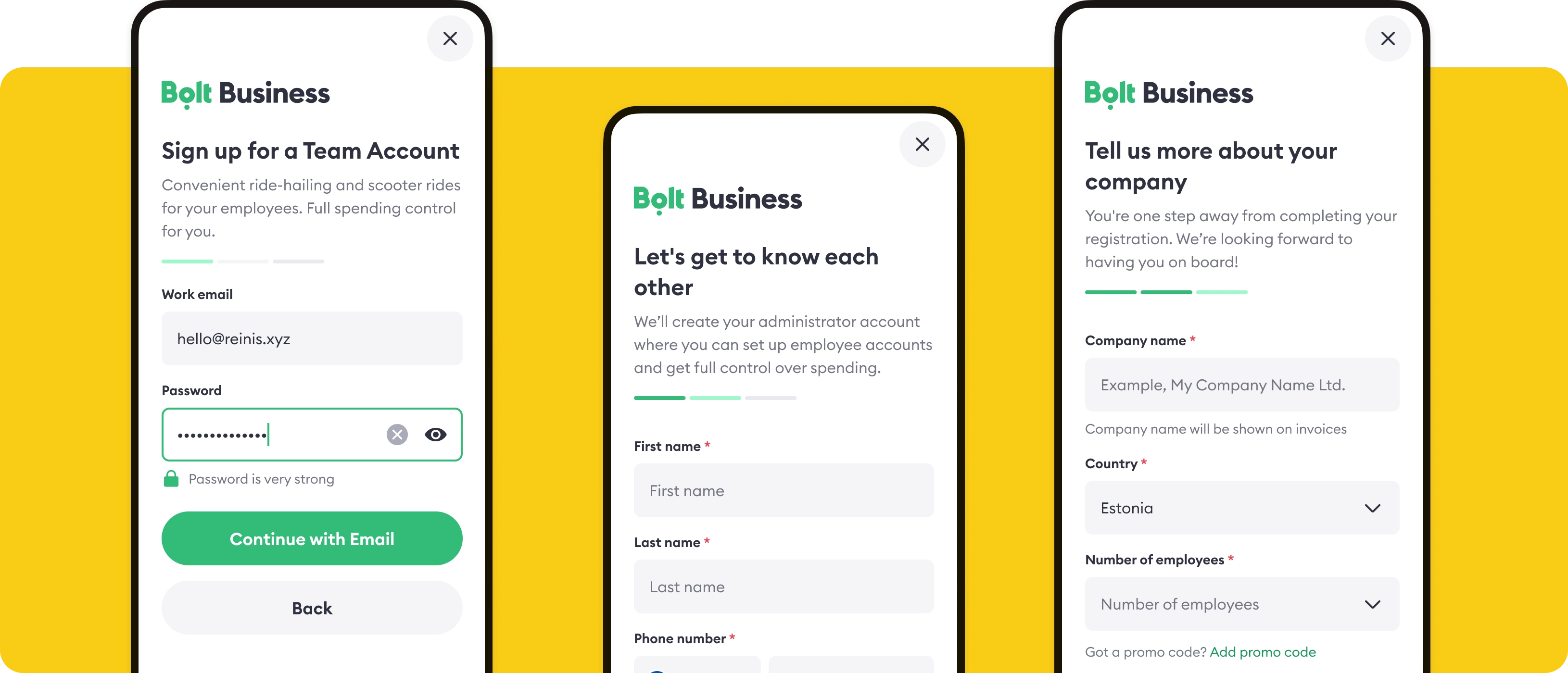 Mobile layout of Bolt Business sign-up